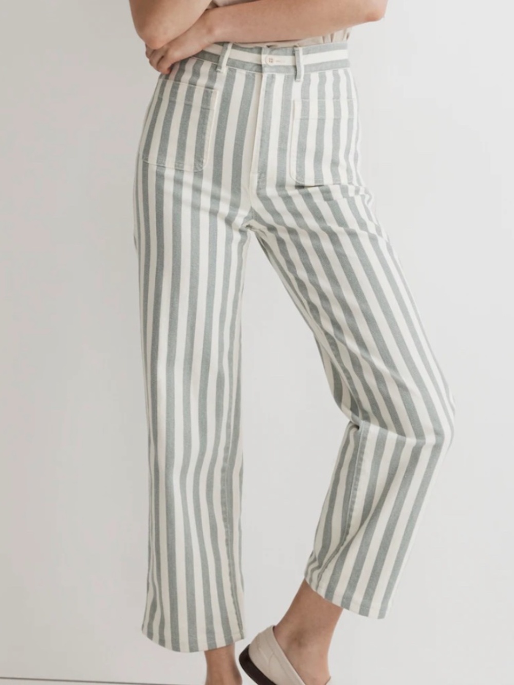 Madewell Green and White Vertical Stripe Wide-Leg Jeans